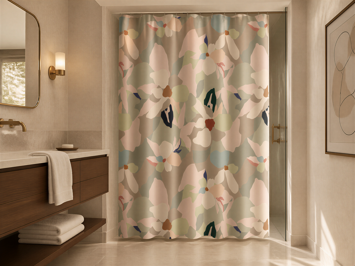 a modern bathroom with a large floral patterned shower curtain, a wooden vanity, and a framed artwork on the wall.
