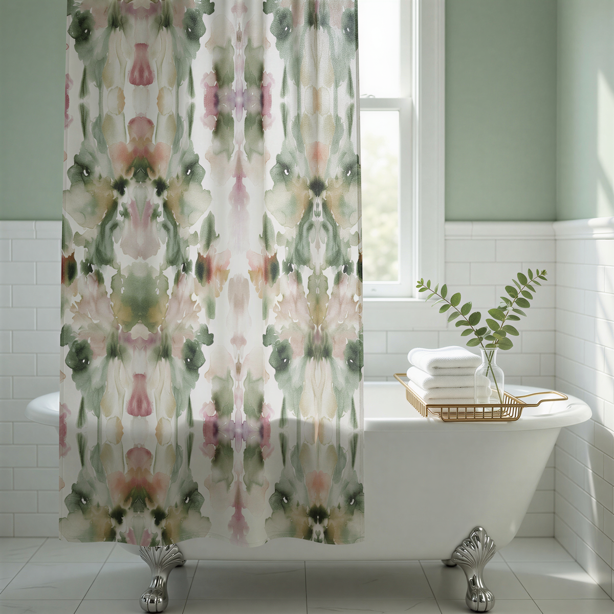 a bathroom with a white clawfoot bathtub, a shower curtain with a floral pattern, and a small plant in a vase on the edge of the bathtub.