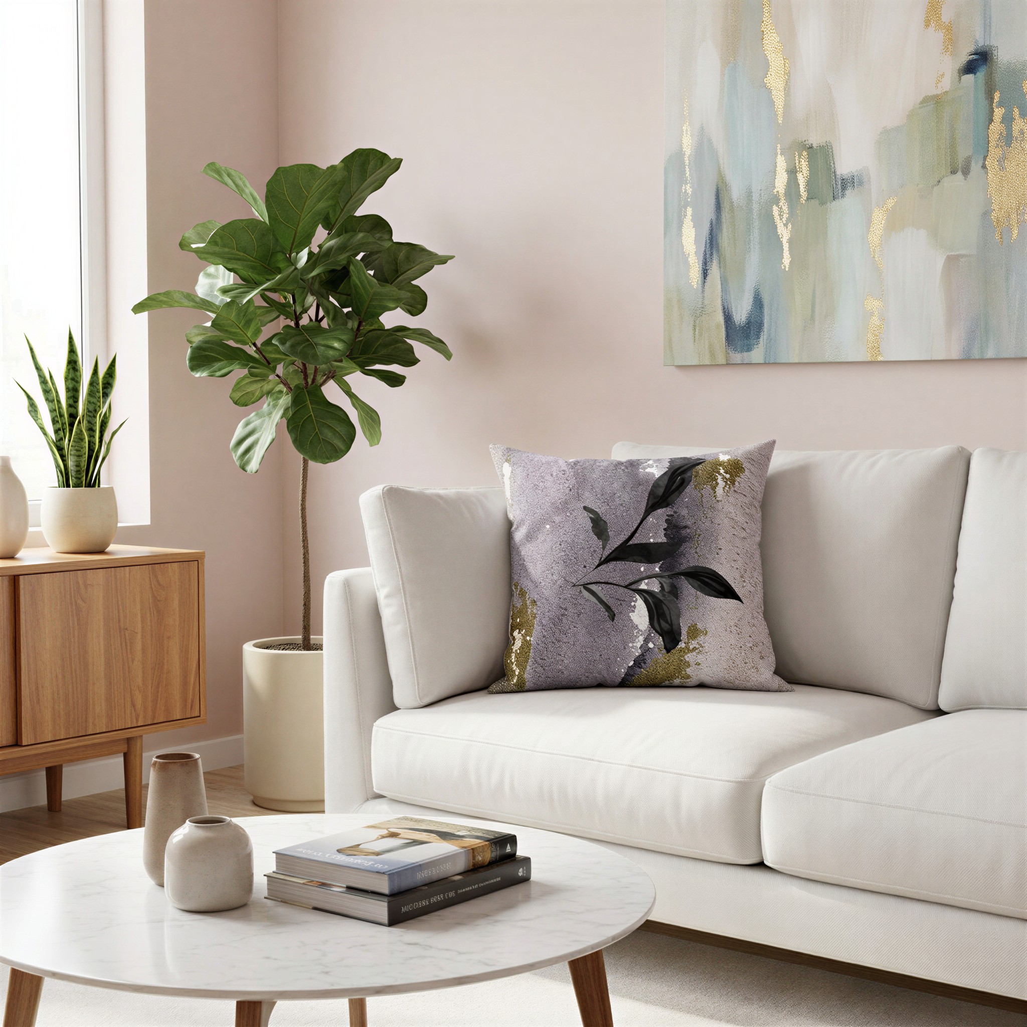 a cozy living room with a white sofa, a wooden side table, and a white coffee table. The sofa has a purple and black throw pillow, and there are two potted plants in the room. The coffee table has a stack of books and a vase on it. The walls are painted in a light pink color, and there is a large abstract painting hanging on the wall.