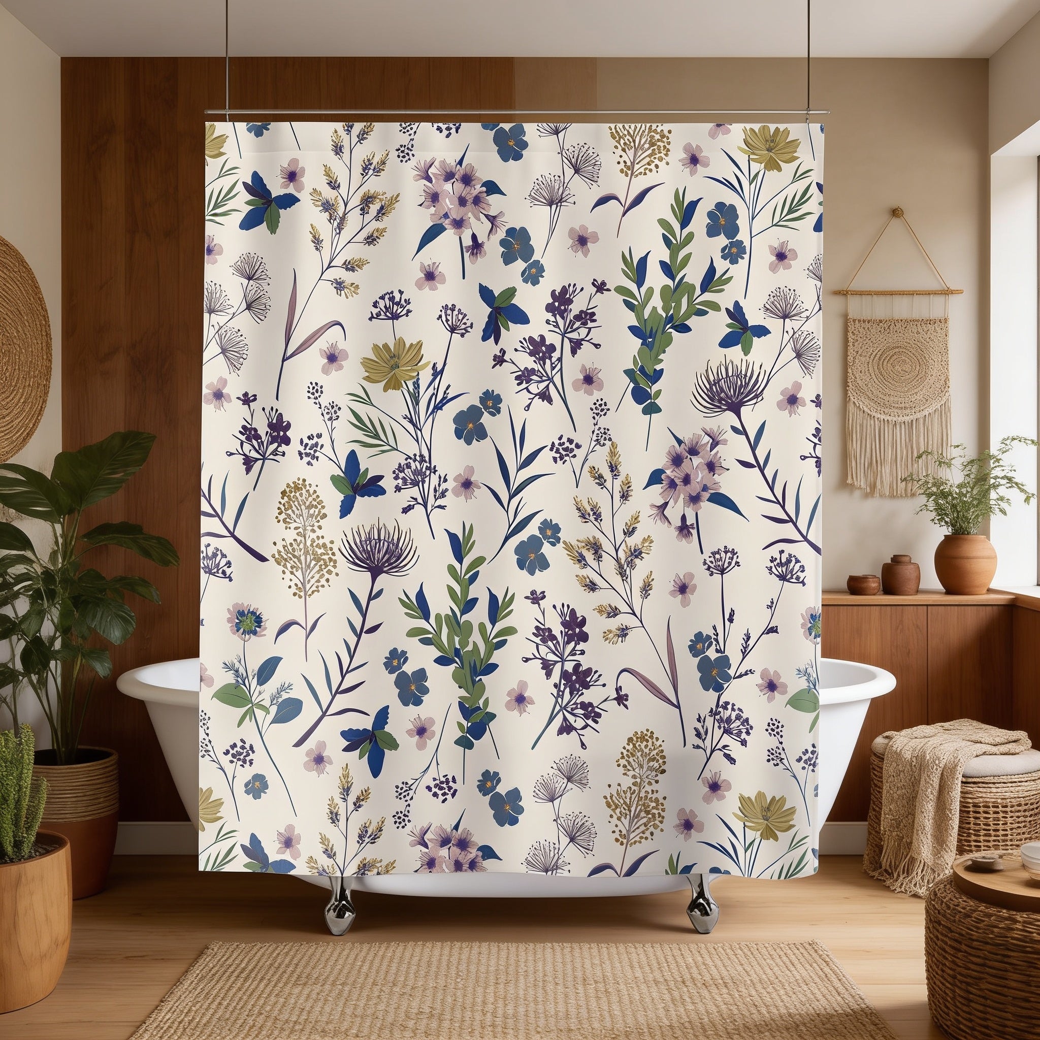 a bathroom with a floral patterned shower curtain hanging from a rod. The curtain has a mix of blue, green, and purple flowers and leaves, creating a vibrant and natural design. The bathroom also includes a white bathtub, potted plants, and a woven basket, contributing to a cozy and inviting atmosphere.
