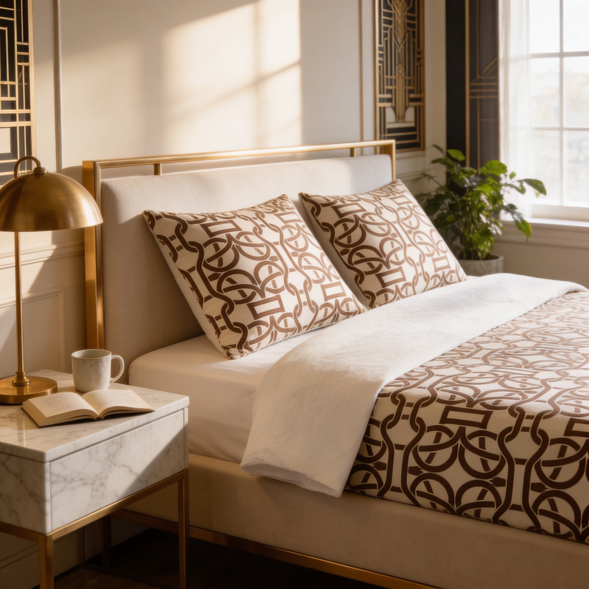a well-lit bedroom with a bed, a nightstand, and a lamp. The bed has a white and brown patterned comforter and pillows, and the nightstand has a lamp and an open book. The room has a window and a plant, creating a cozy and inviting atmosphere.