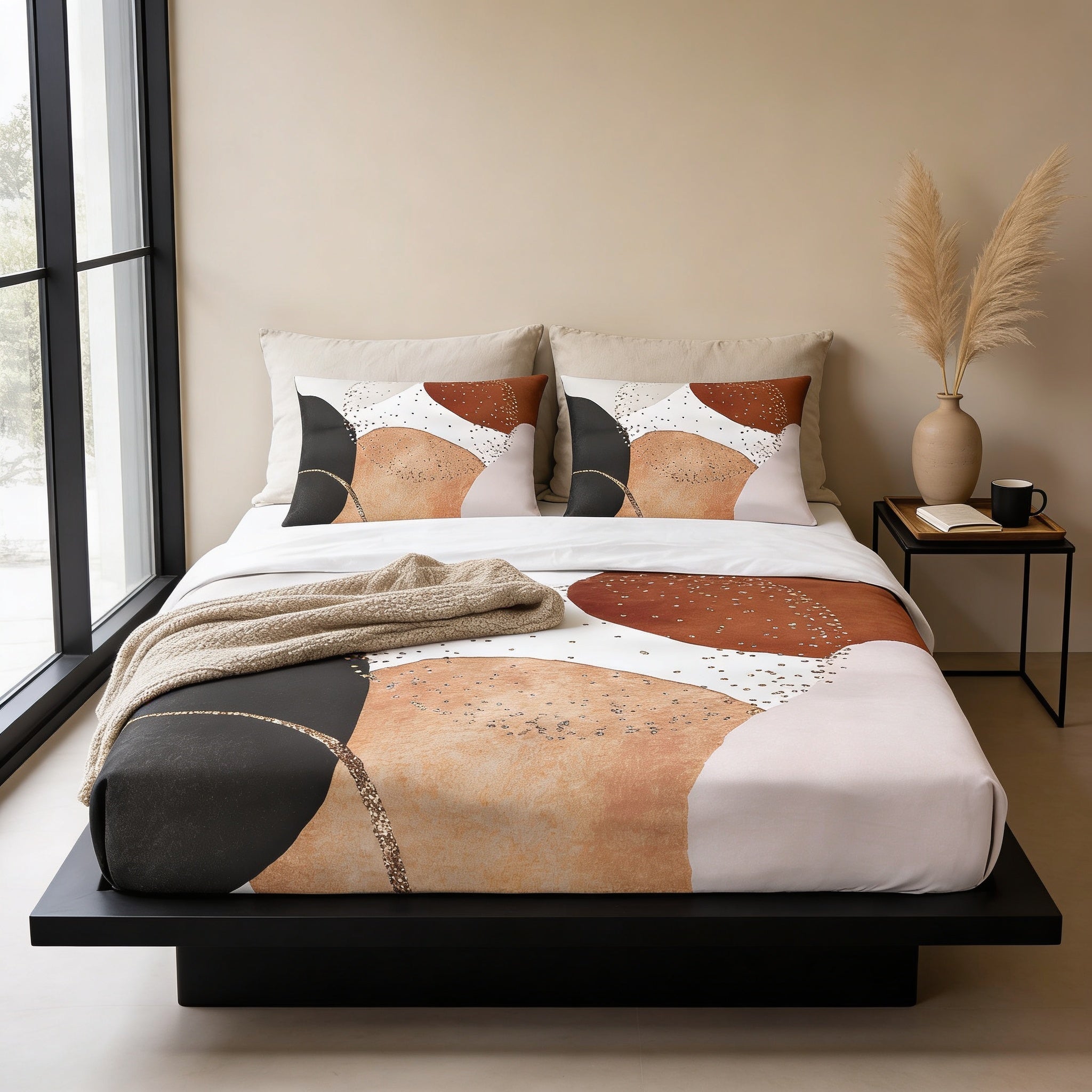 a modern bedroom with a bed featuring a colorful abstract design on the comforter and pillows. The bed is placed against a wall with a large window, and there is a small side table next to it. The room has a minimalist and contemporary design, with neutral colors and a focus on the bed as the central element.