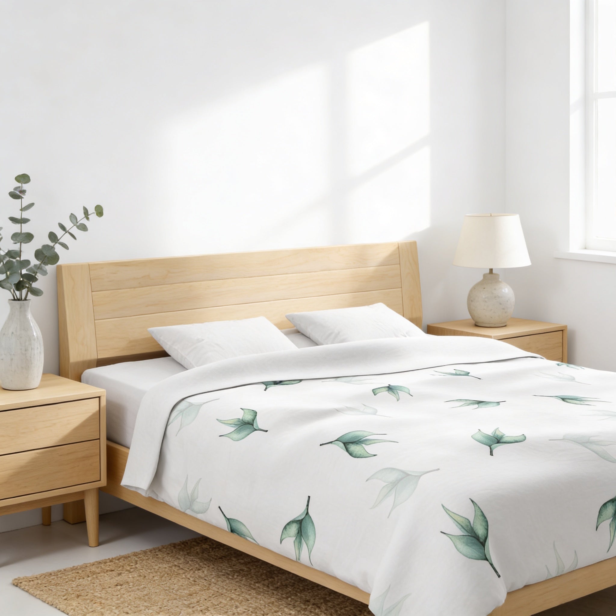 A modern bedroom with a wooden bed frame, white bedding, and a nightstand with a lamp. The room has a minimalist and clean design, with a large window providing natural light.