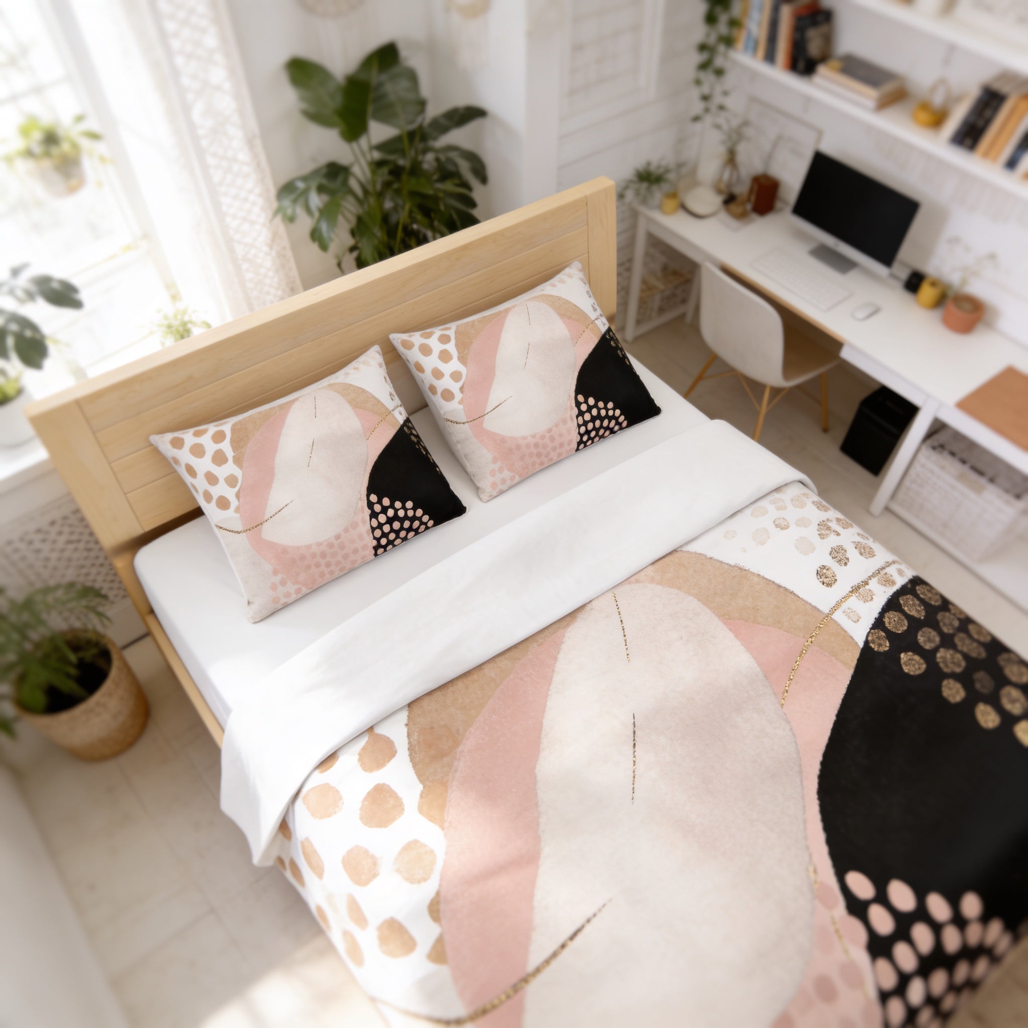 a bedroom with a bed, pillows, and a desk with a computer. The room has a modern and minimalist design, with a large window providing natural light and a view of the outdoors.