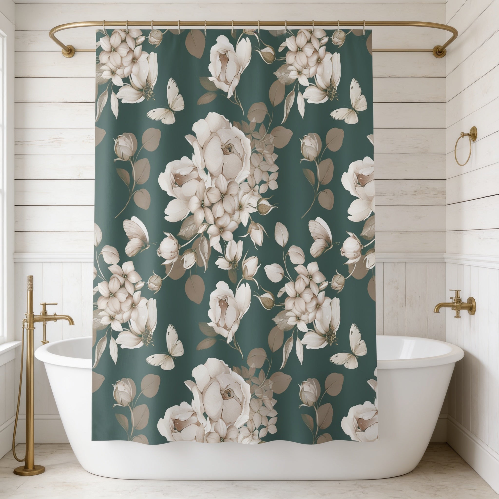 a bathroom with a white bathtub and a shower curtain with a floral pattern in shades of green and white.