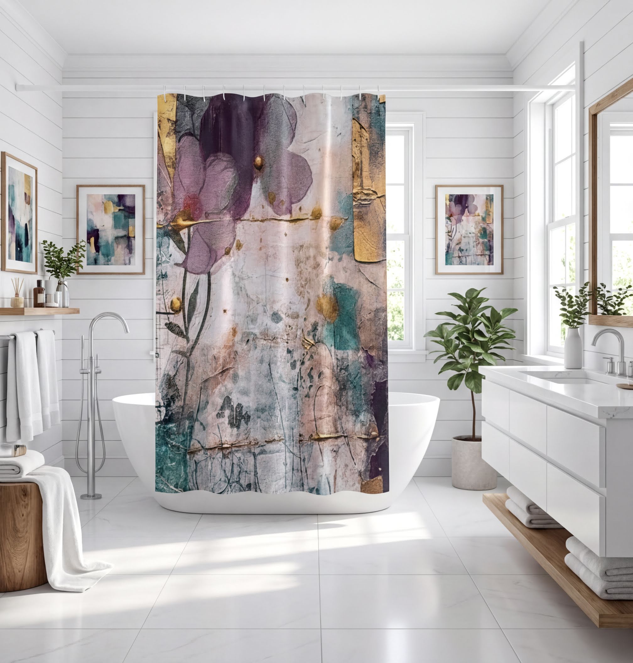 a modern bathroom with a large floral shower curtain as the focal point. The bathroom is well-lit and features white fixtures, including a sink and a bathtub. There are also several potted plants and artwork on the walls, adding to the overall aesthetic of the space.