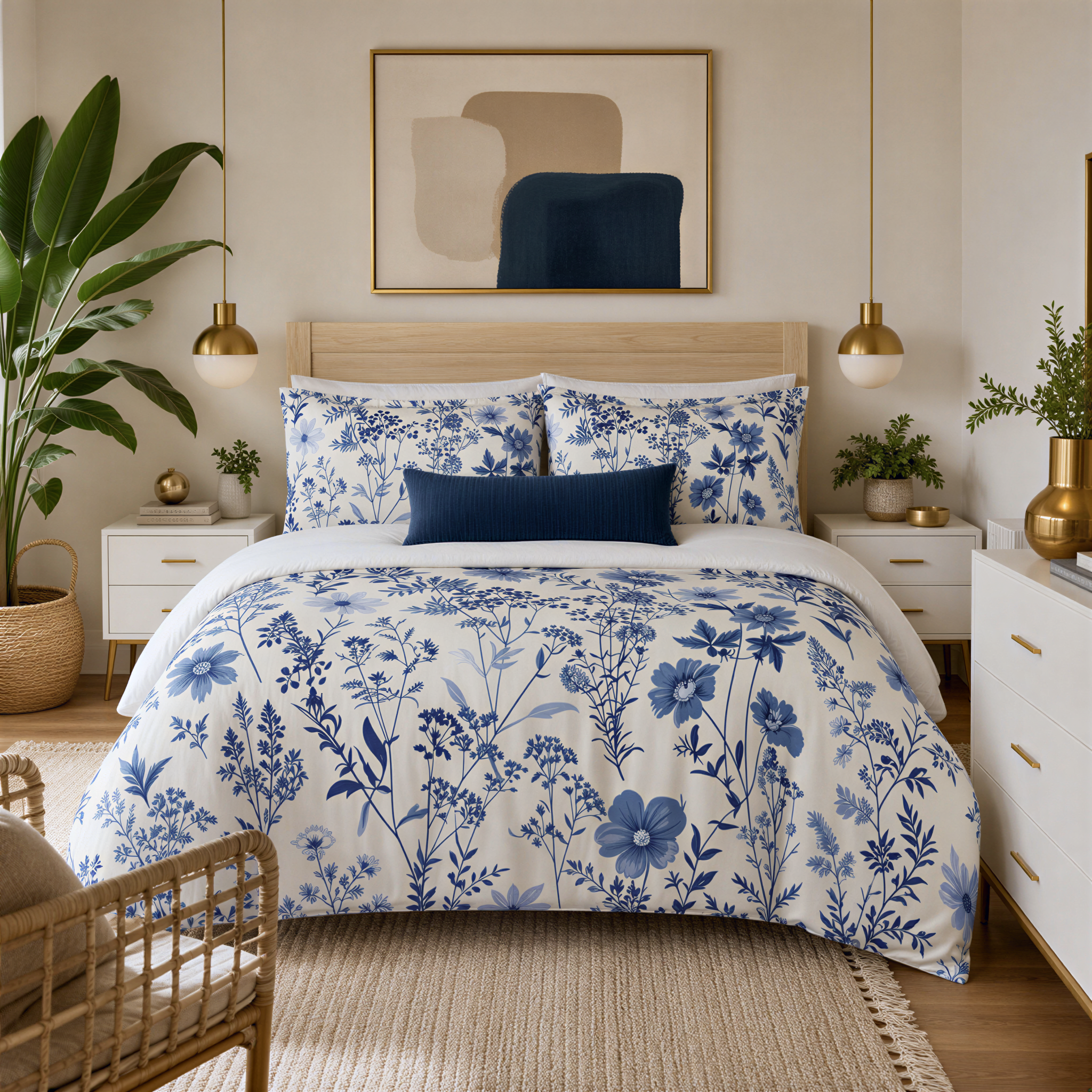 a well-decorated bedroom with a large bed featuring a blue and white floral comforter and matching pillows. The bed is flanked by white nightstands, and the room is adorned with various decorative elements such as potted plants, vases, and a large abstract painting on the wall.