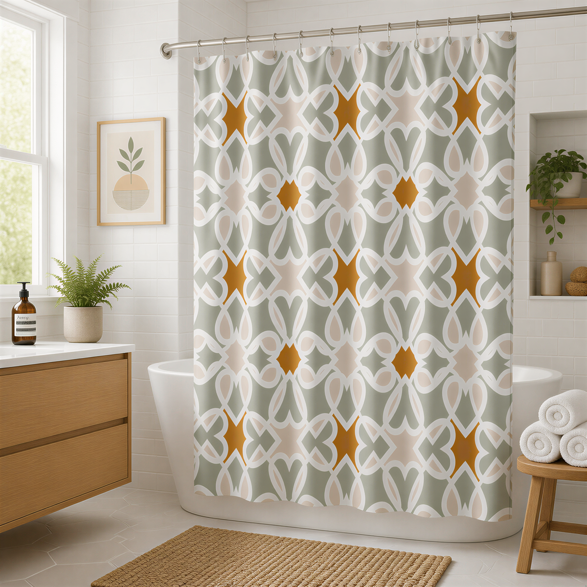 a bathroom with a shower curtain featuring a geometric pattern in shades of gray, orange, and white. The bathroom is well-decorated with a wooden vanity, a potted plant, and a rug.