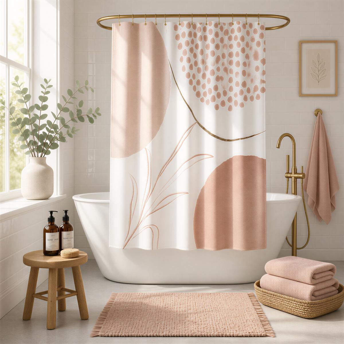 a bathroom with a white bathtub, a shower curtain with a floral pattern, and a wooden stool. The bathroom has a neutral color scheme with pink and white accents, and there are some plants and towels present.