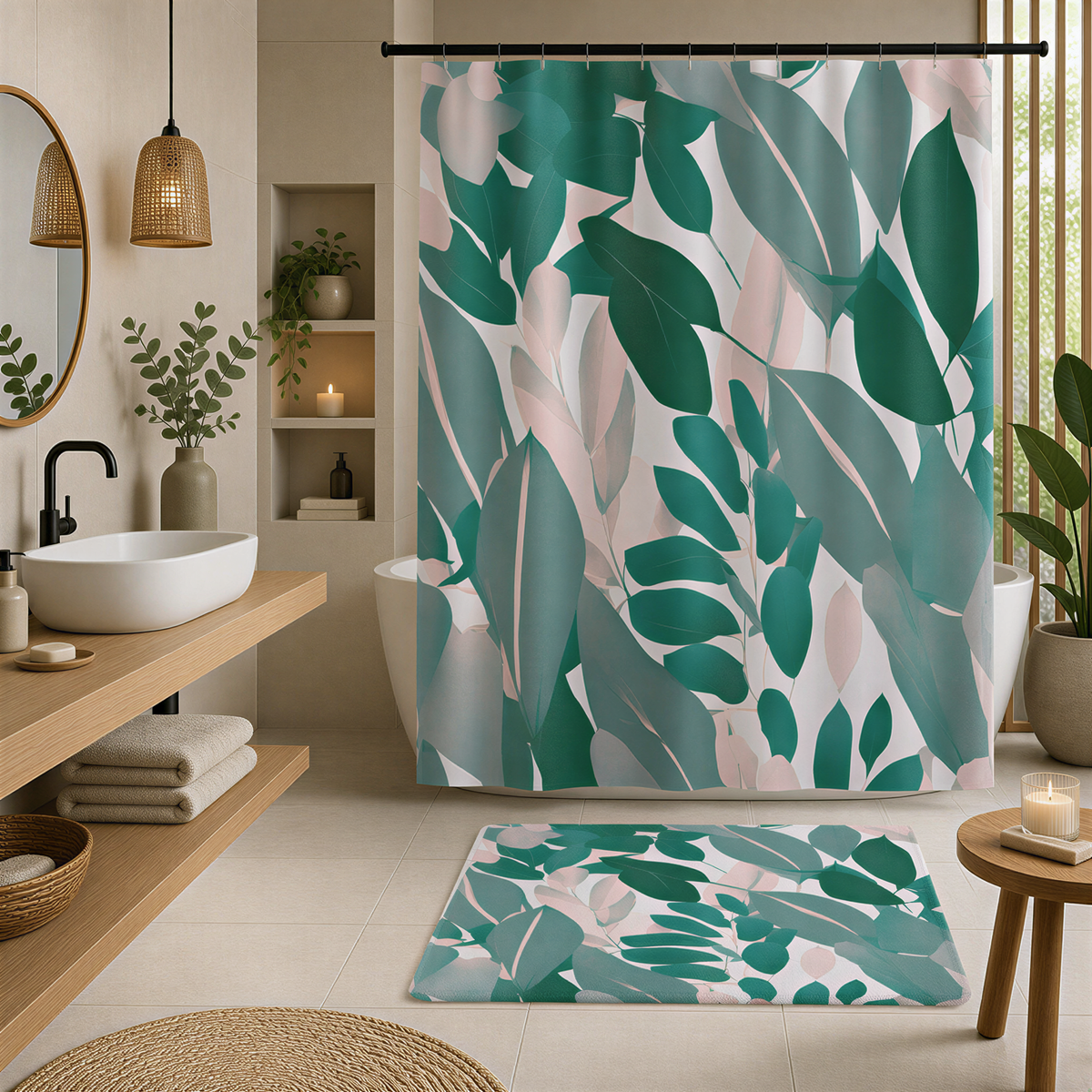 a modern bathroom with a large green leaf-patterned shower curtain, a wooden vanity with a sink, and various decorative elements such as potted plants and vases.