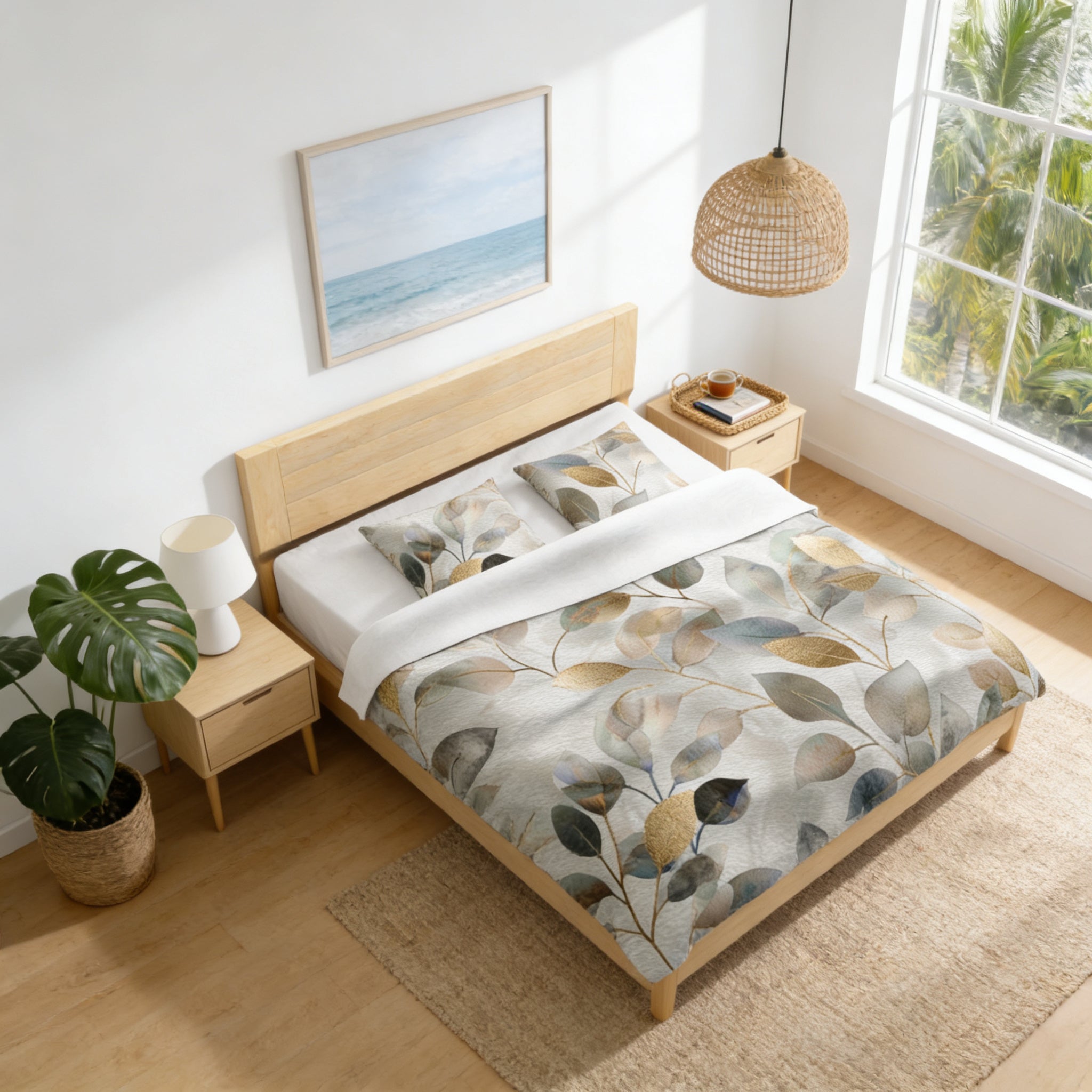 a serene and modern bedroom with a large bed, wooden furniture, and a large window overlooking a lush green outdoor area.