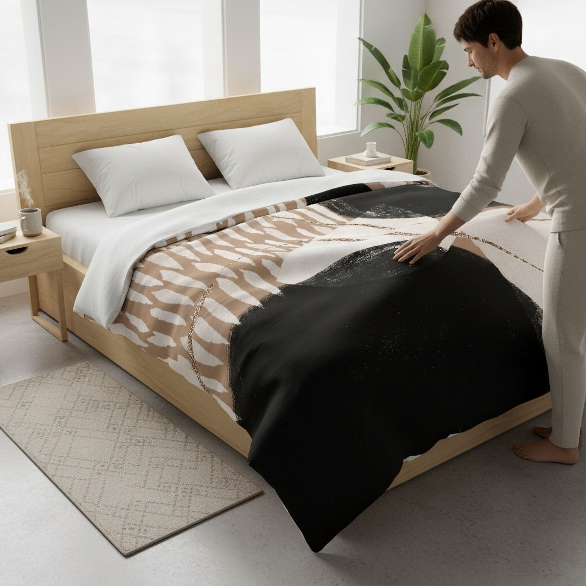 A man is arranging the bed with a black and white patterned comforter and white pillows.