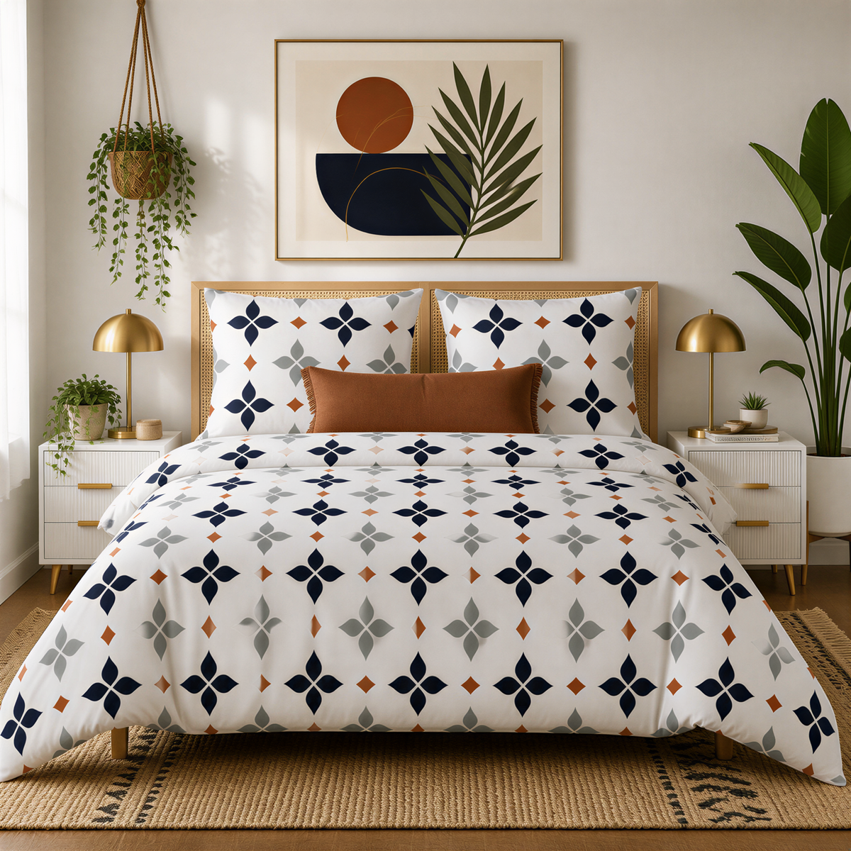a well-decorated bedroom with a large bed featuring a patterned comforter and pillows. Above the bed, there is a framed artwork depicting a tropical plant. The room is further adorned with potted plants and a rug, creating a cozy and inviting atmosphere.