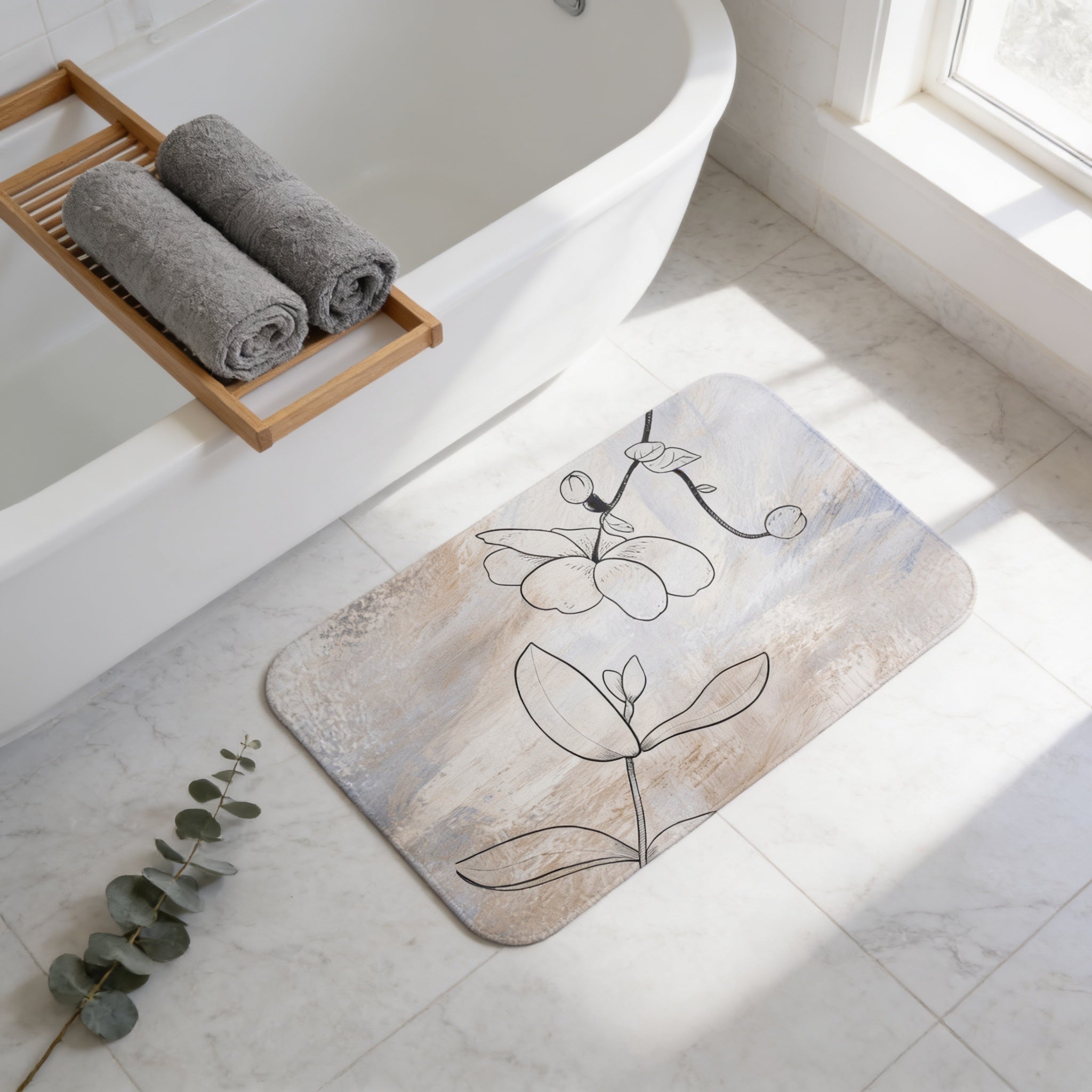 a bathroom with a white bathtub, a wooden tray holding rolled towels, a decorative mat with a floral design, and a sprig of eucalyptus on the floor.