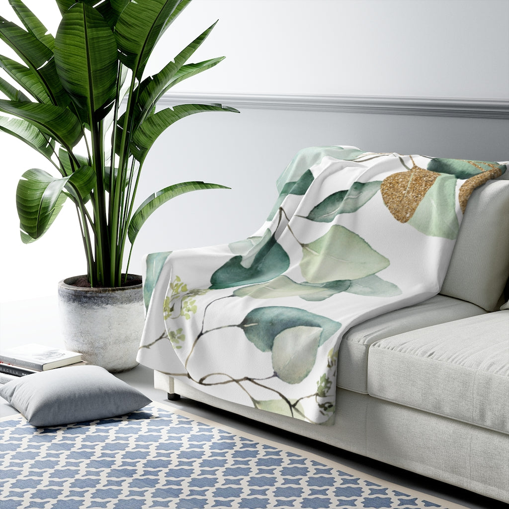 Eucalyptus Leaves, Green Gold White Floral Blanket,