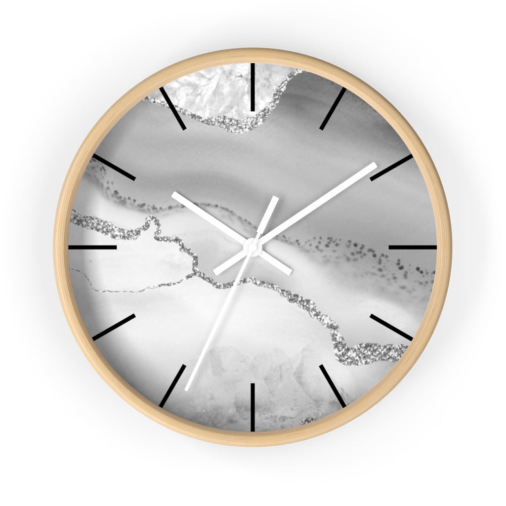 Marble Print, Wood, Wall Clock, Gray Silver 10"