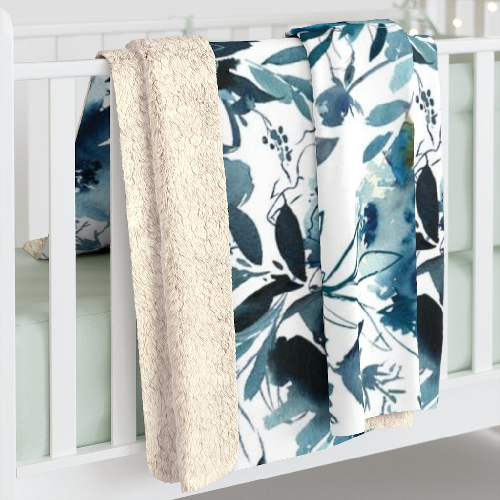 Floral Comfy Blanket | White Indigo Blue Flowers