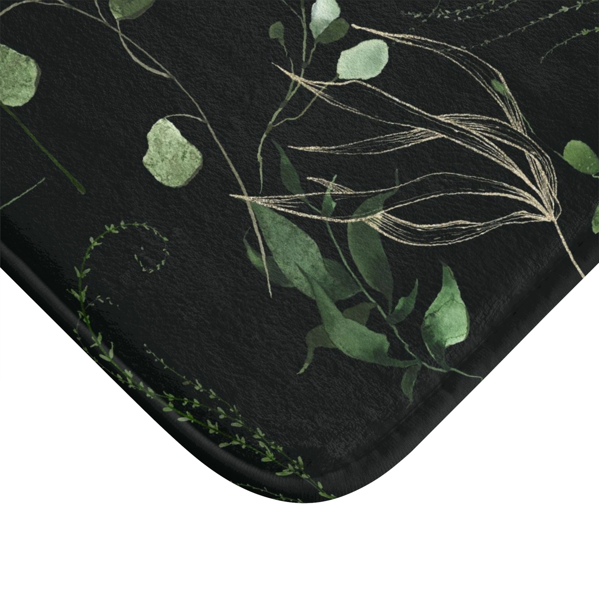 Floral Boho Bath, Kitchen Mat, Rug | Jungle Black Sage Green Leaves