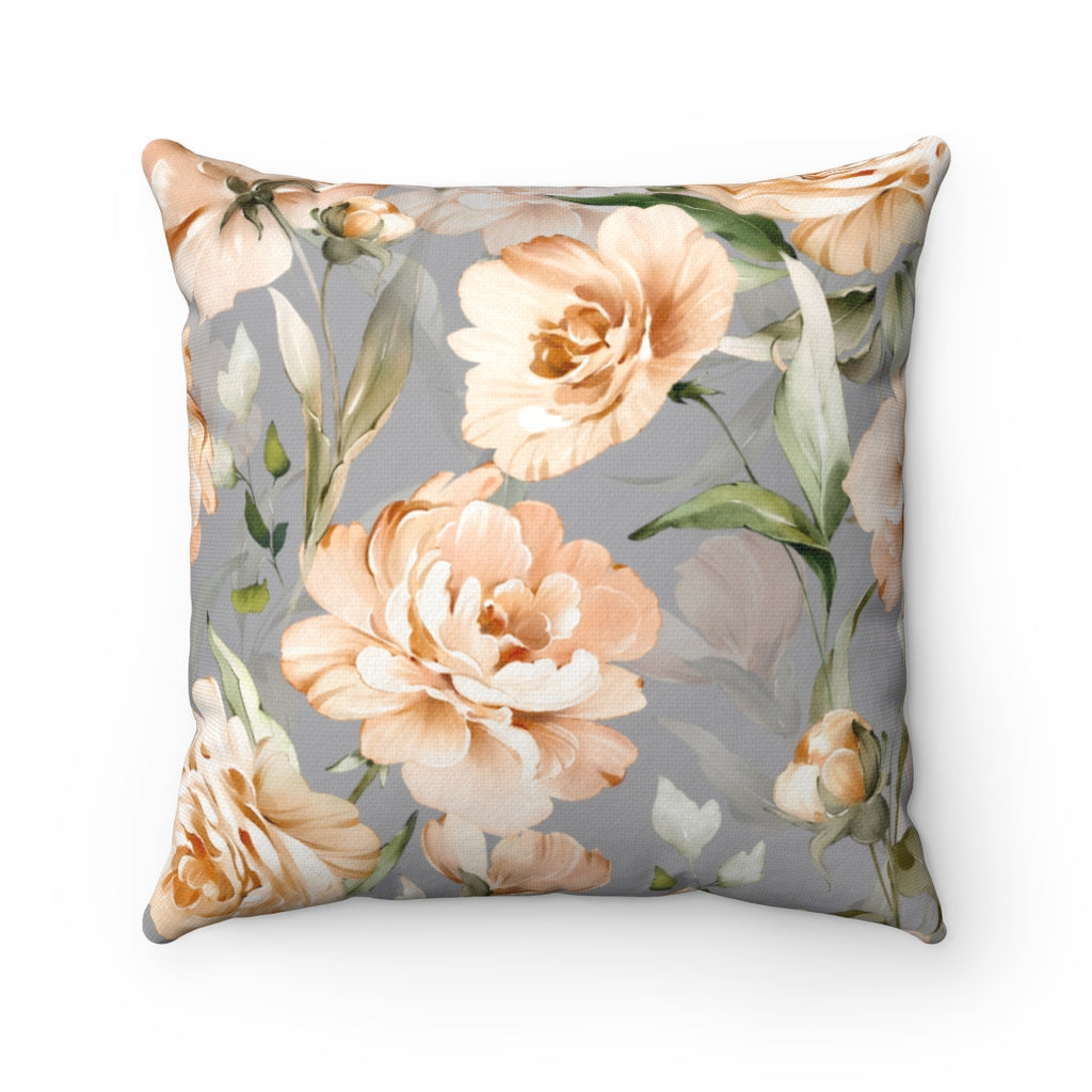 Floral Boho Pillow Cover | Peach Beige Peonies Grey Green