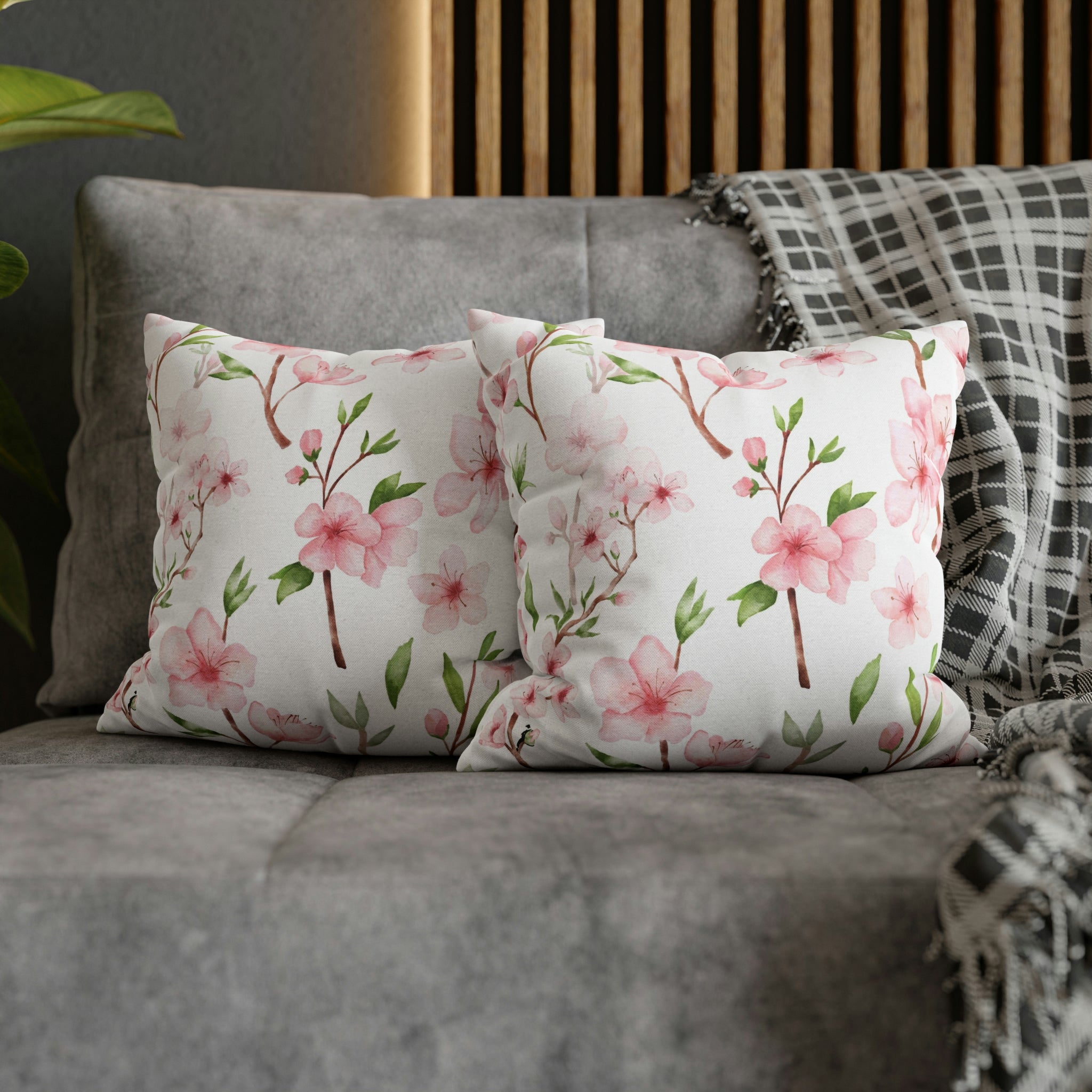 Floral Boho Pillow Cover | Pink Green Sakura Watercolor
