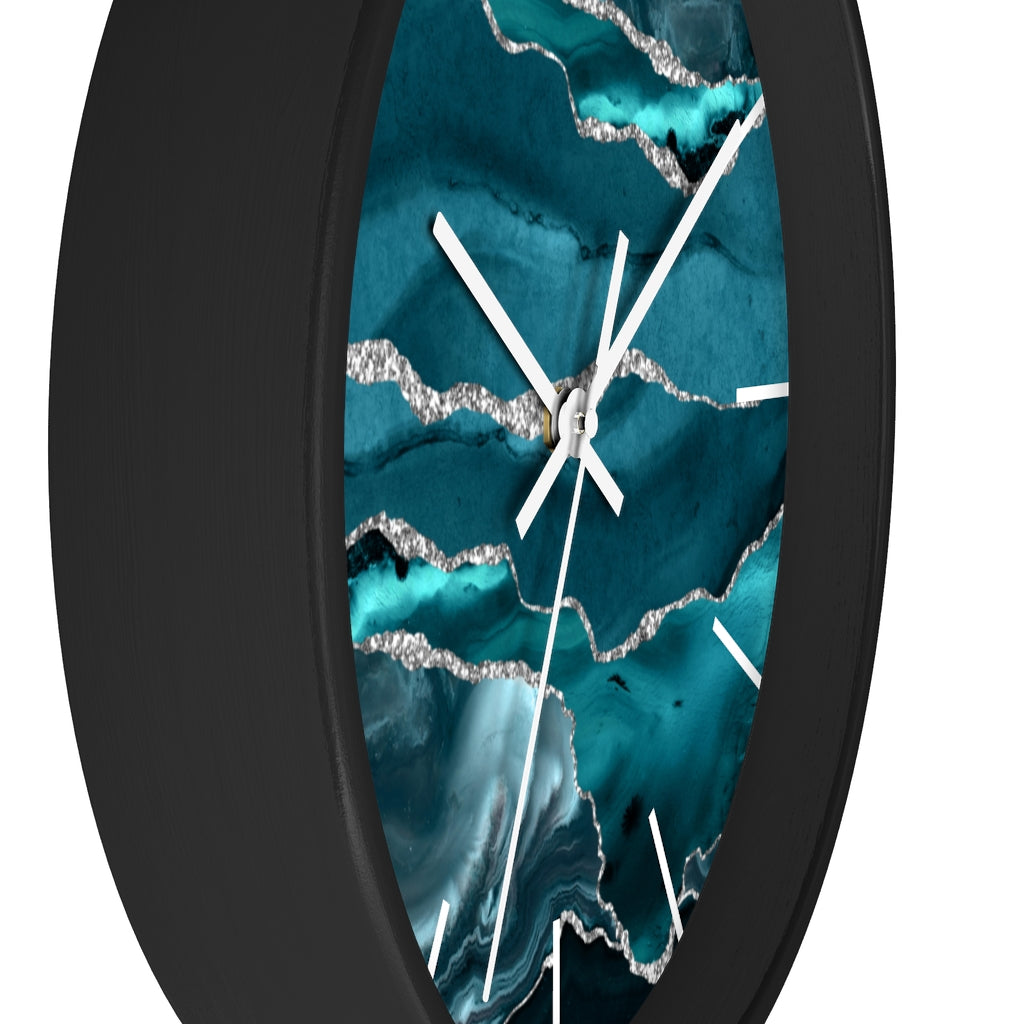 Marble Print, Wood, Wall Clock, Teal Silver 10"