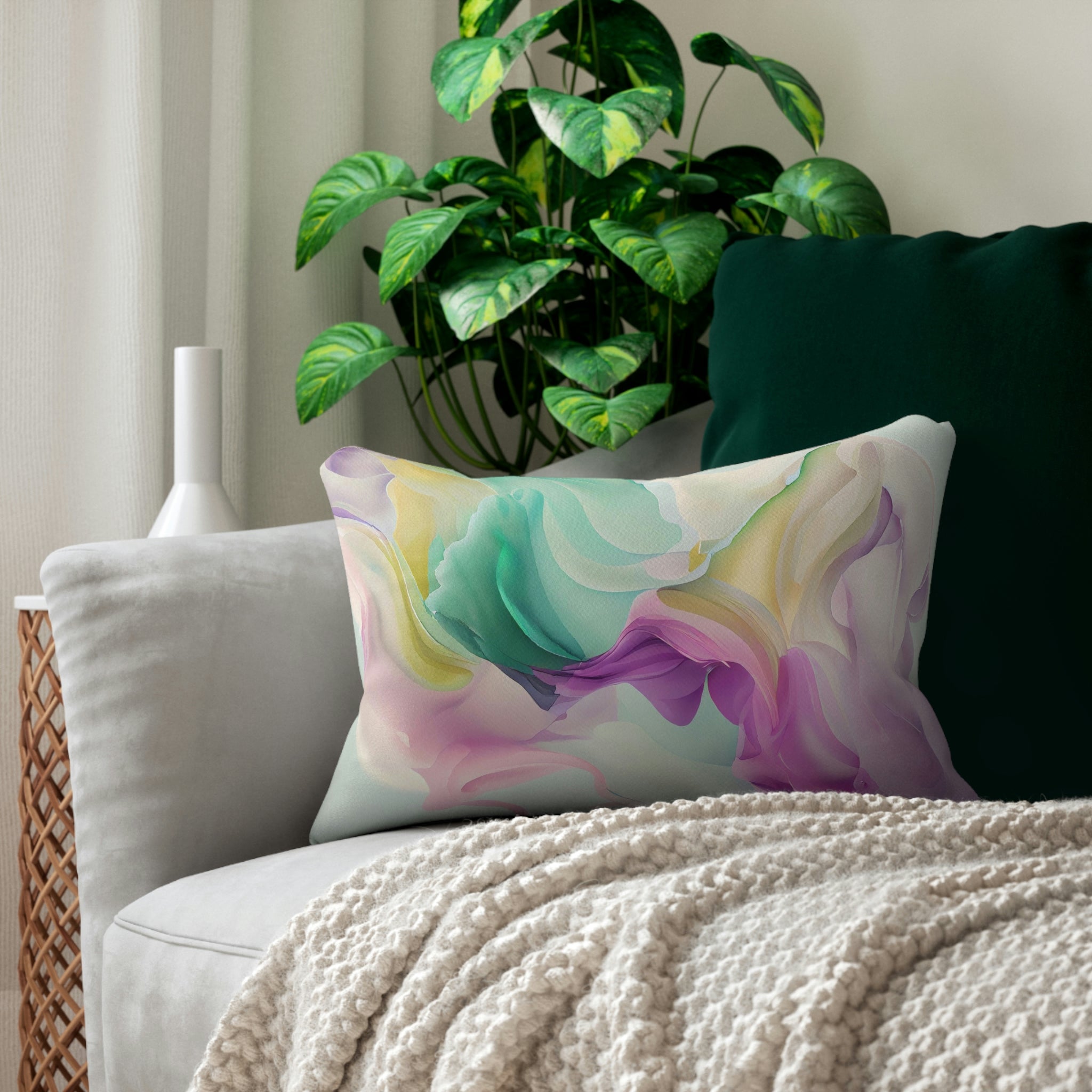 Abstract Lumbar Pillow | Pink Green Waves