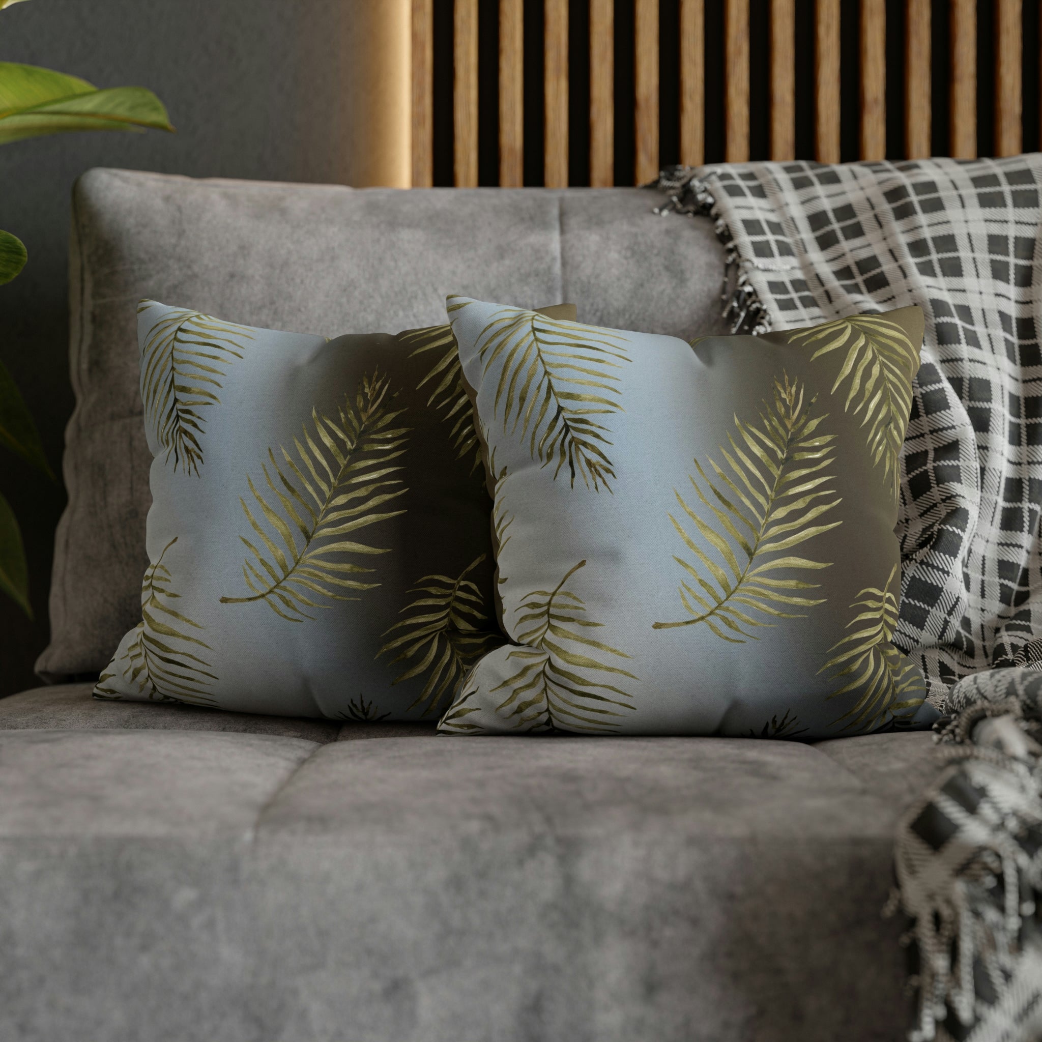 Floral Boho Pillow Cover | Palm Leaves Blue Beige