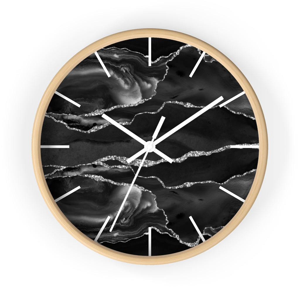 Marble Print, Wood, Wall Clock, Black Silver 10"