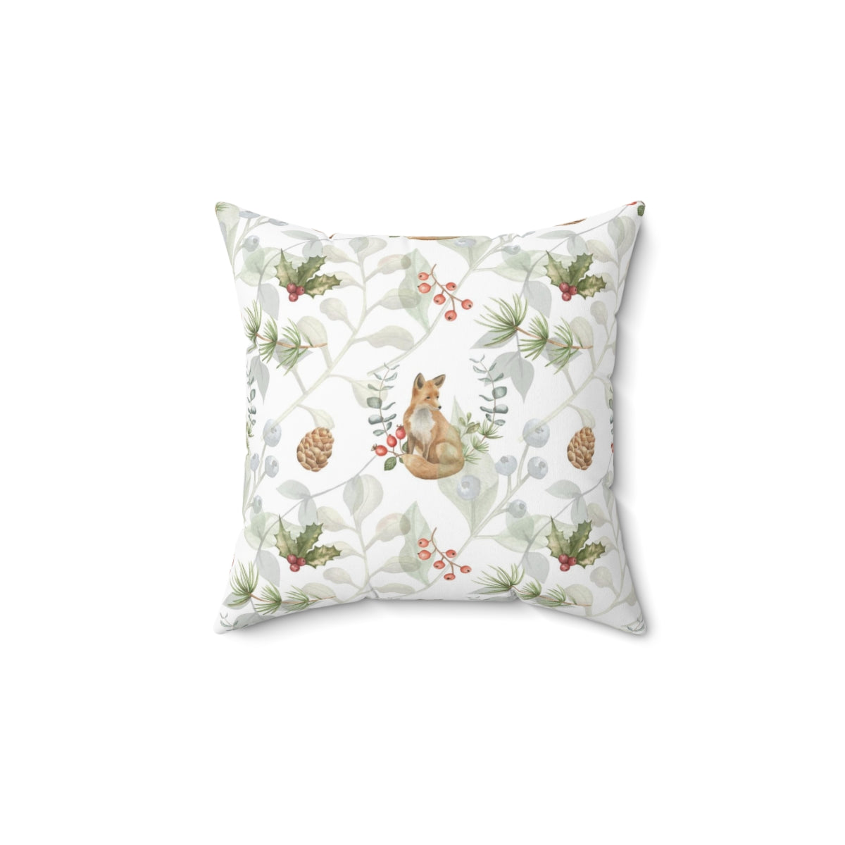 Christmas Square Pillow Cover | White Festive Leaves and Foxes