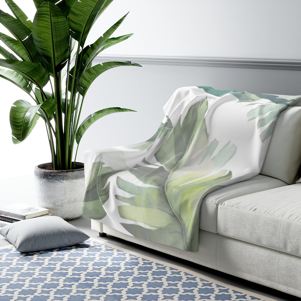 Floral Comfy Blanket | Green Tropical Leaves