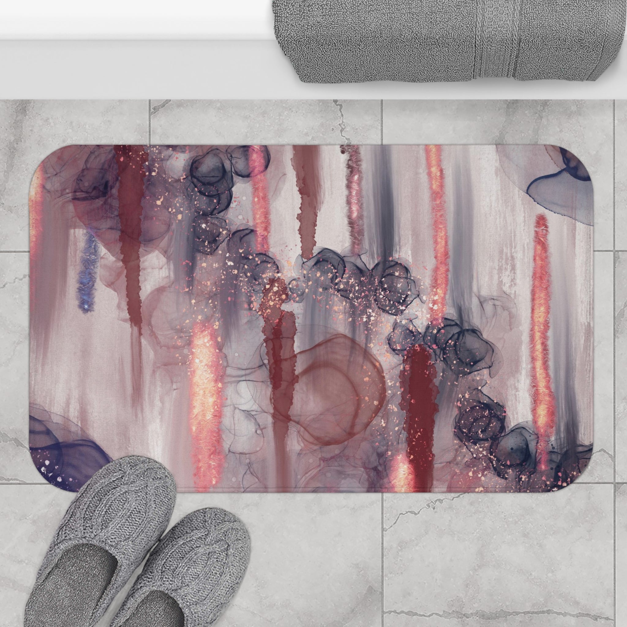 Bath Kitchen Mat Navy Blue Rust Abstract in a styled bathroom