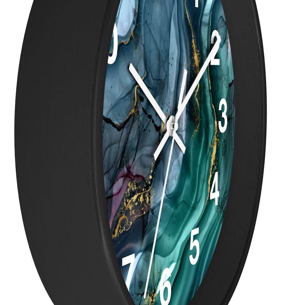 Marble Print, Navy Blue Green, Wood Wall Clock 10"