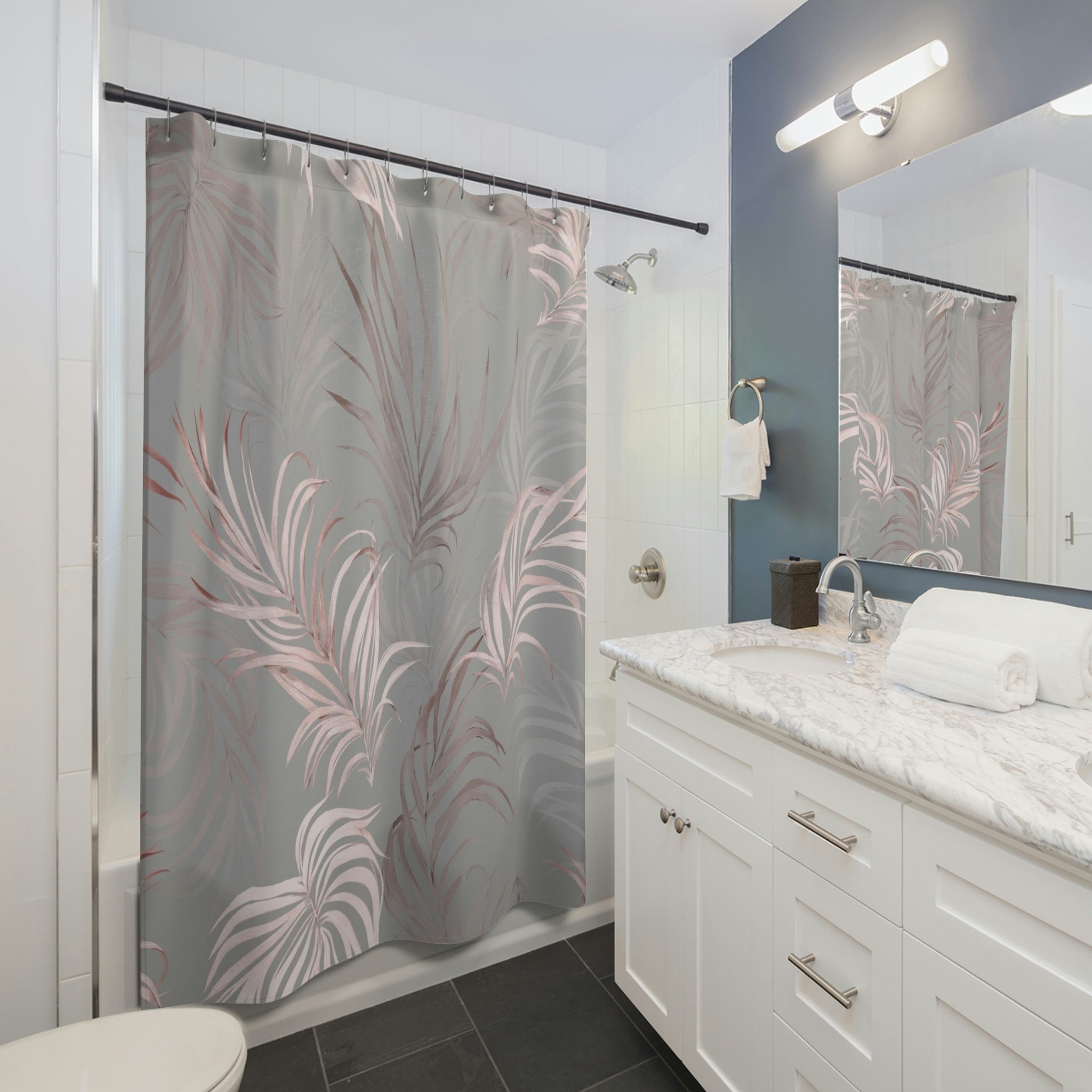 Floral Shower Curtain | Gray Blush Pink Wild Palm Leaves