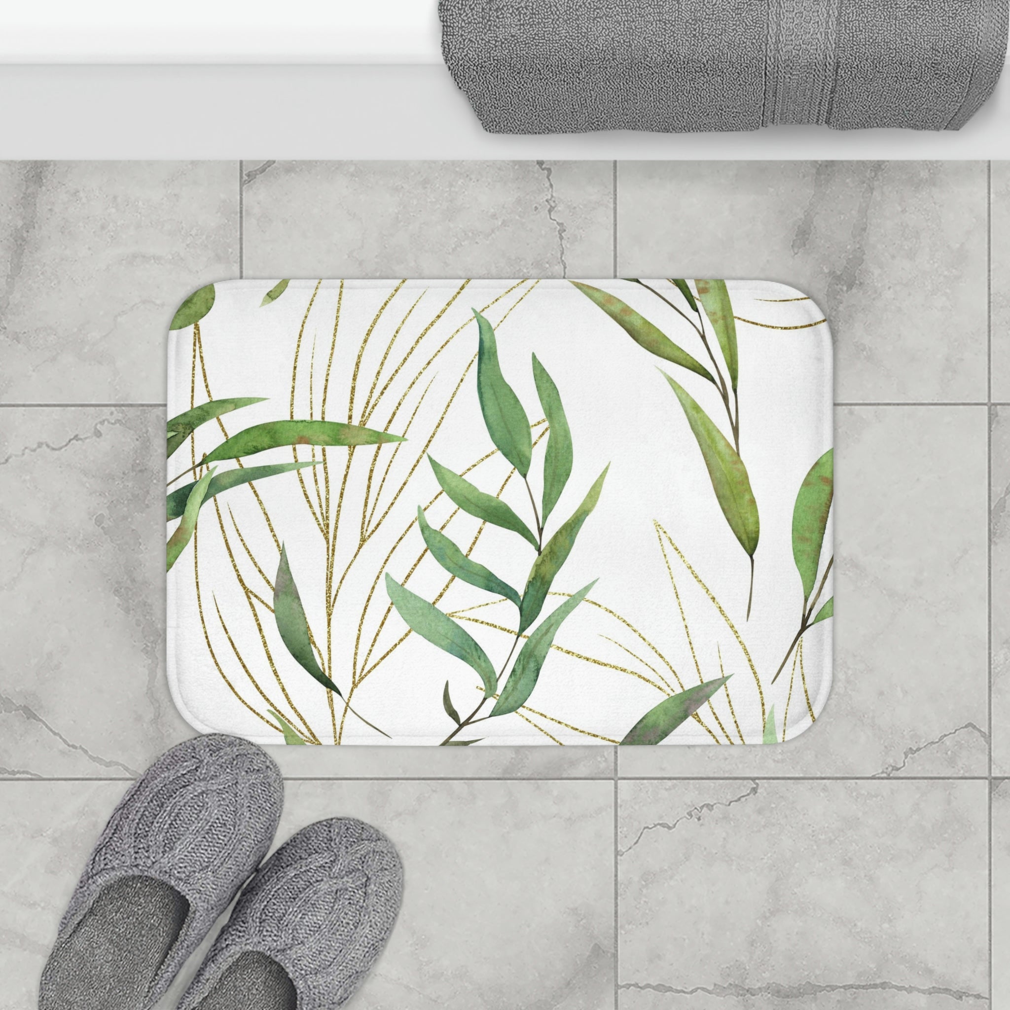 Floral Bath, Kitchen Mat | White Sage Green Leaves