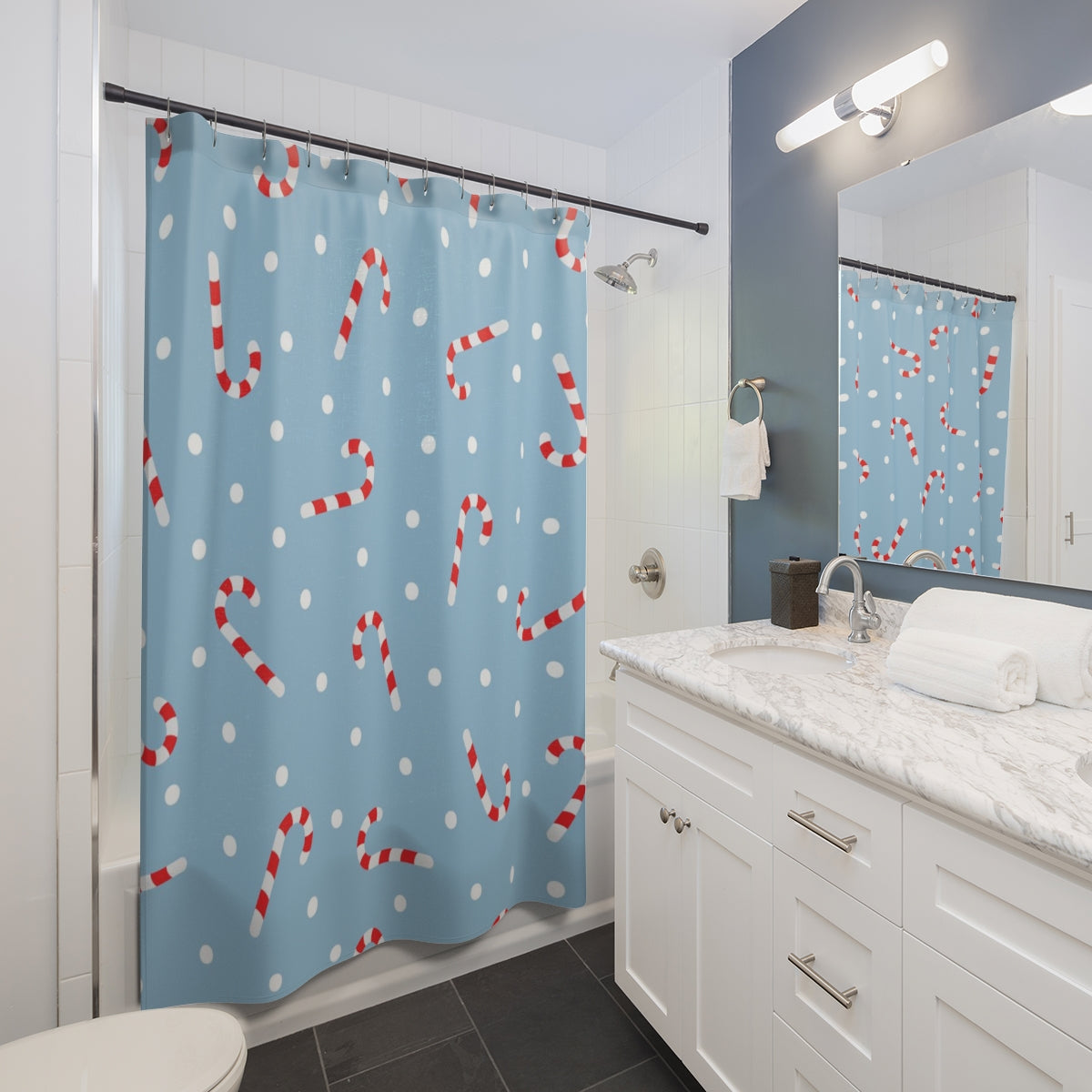 Christmas Shower Curtain | Sky Blue Candy Cane