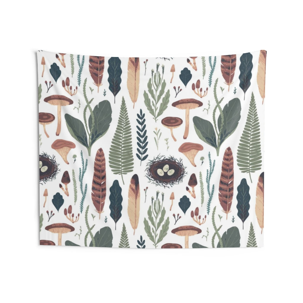 Floral Tapestry | White Green Brown Mushrooms
