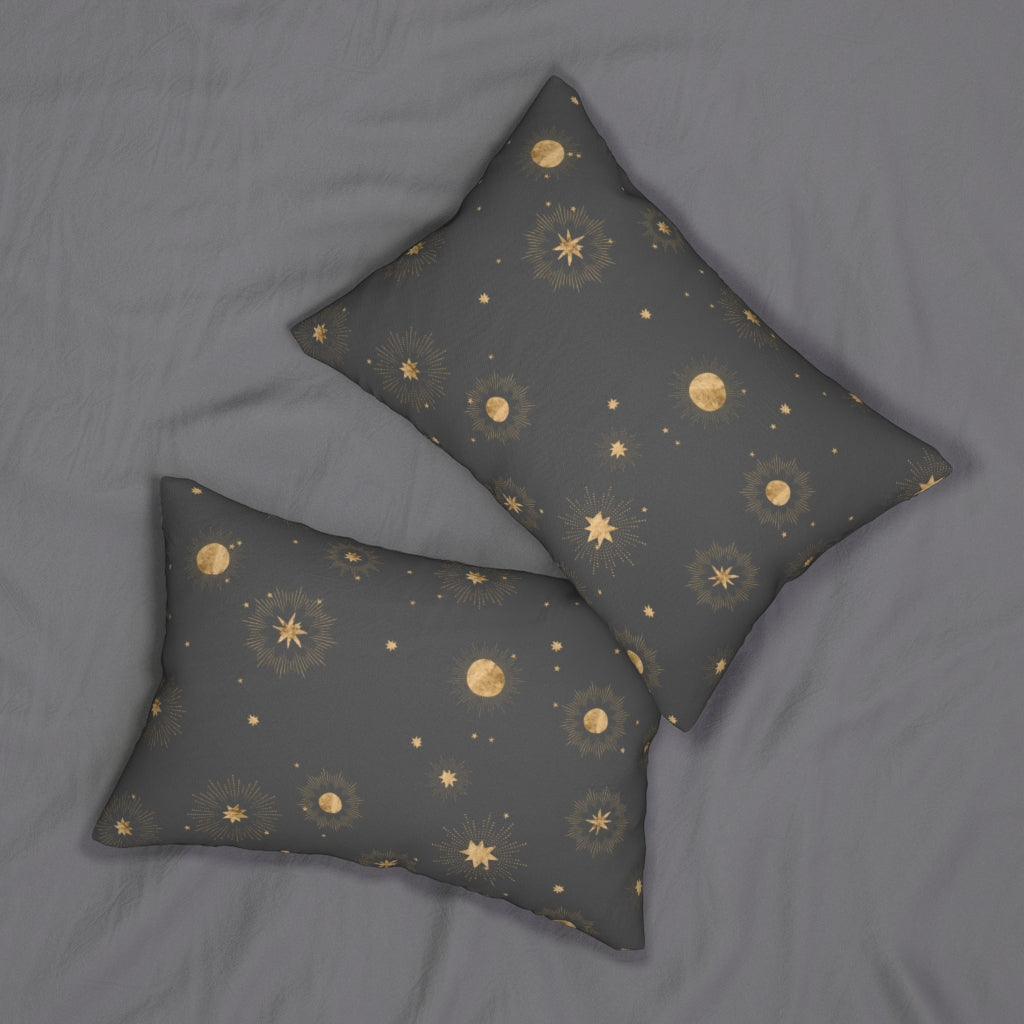 Mystical Boho Lumbar Pillow | Grey Gold Stars