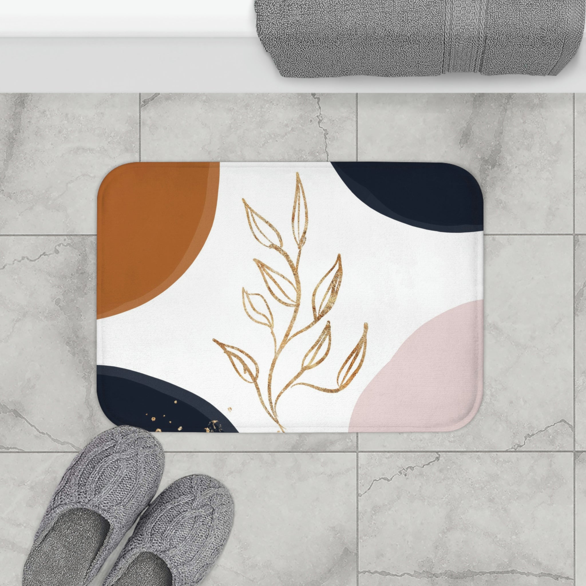 Boho Abstract Bath, Kitchen Mat | Navy Blue Beige Floral