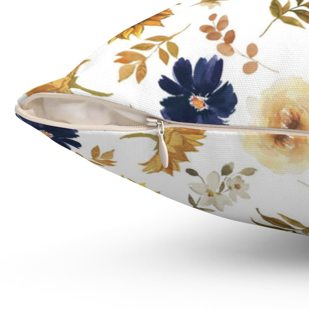 Floral Boho Pillow Cover | White Navy Blue Yellow Sunflower Peach Roses