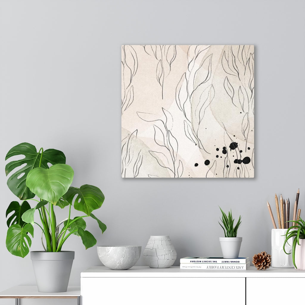 FLORAL WALL CANVAS ART | Beige Black Line Art Leaves