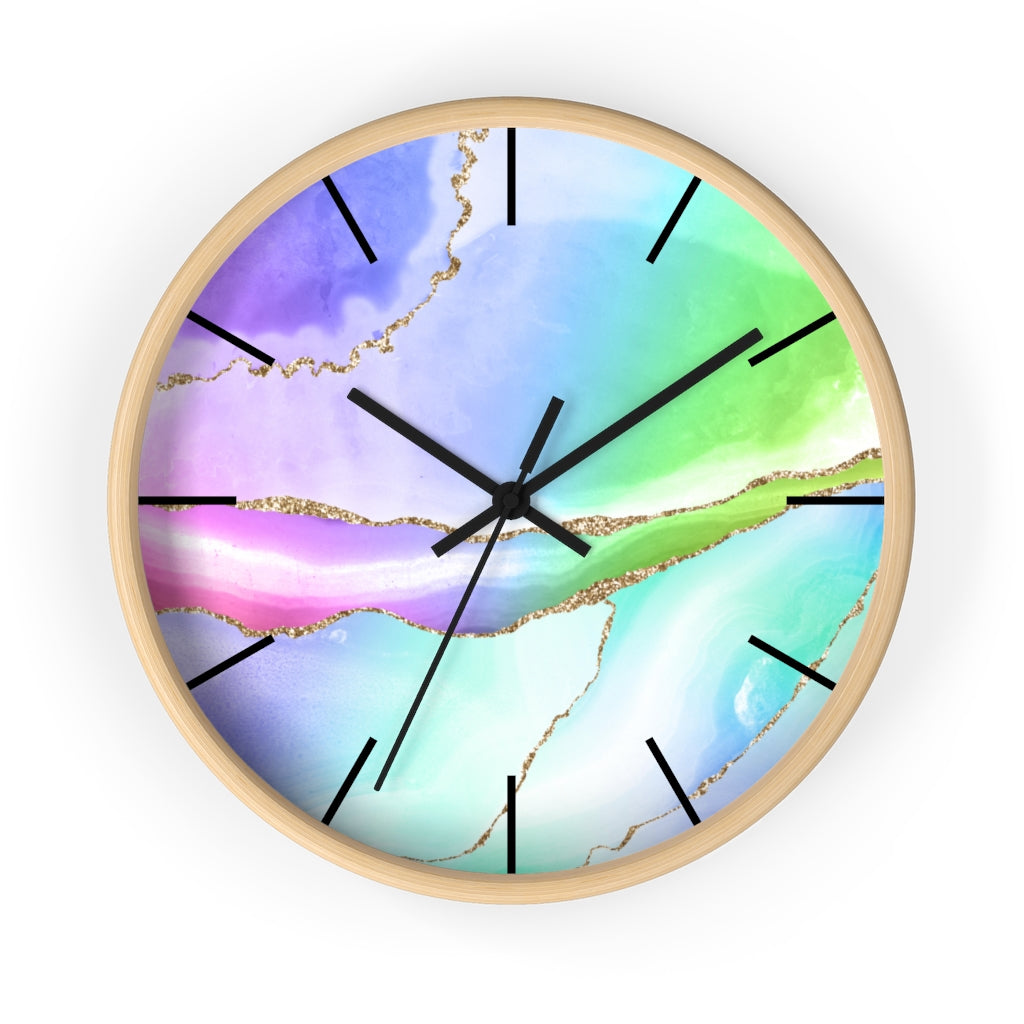 Marble Print, Wood, Wall Clock, Rainbow Colors 10"