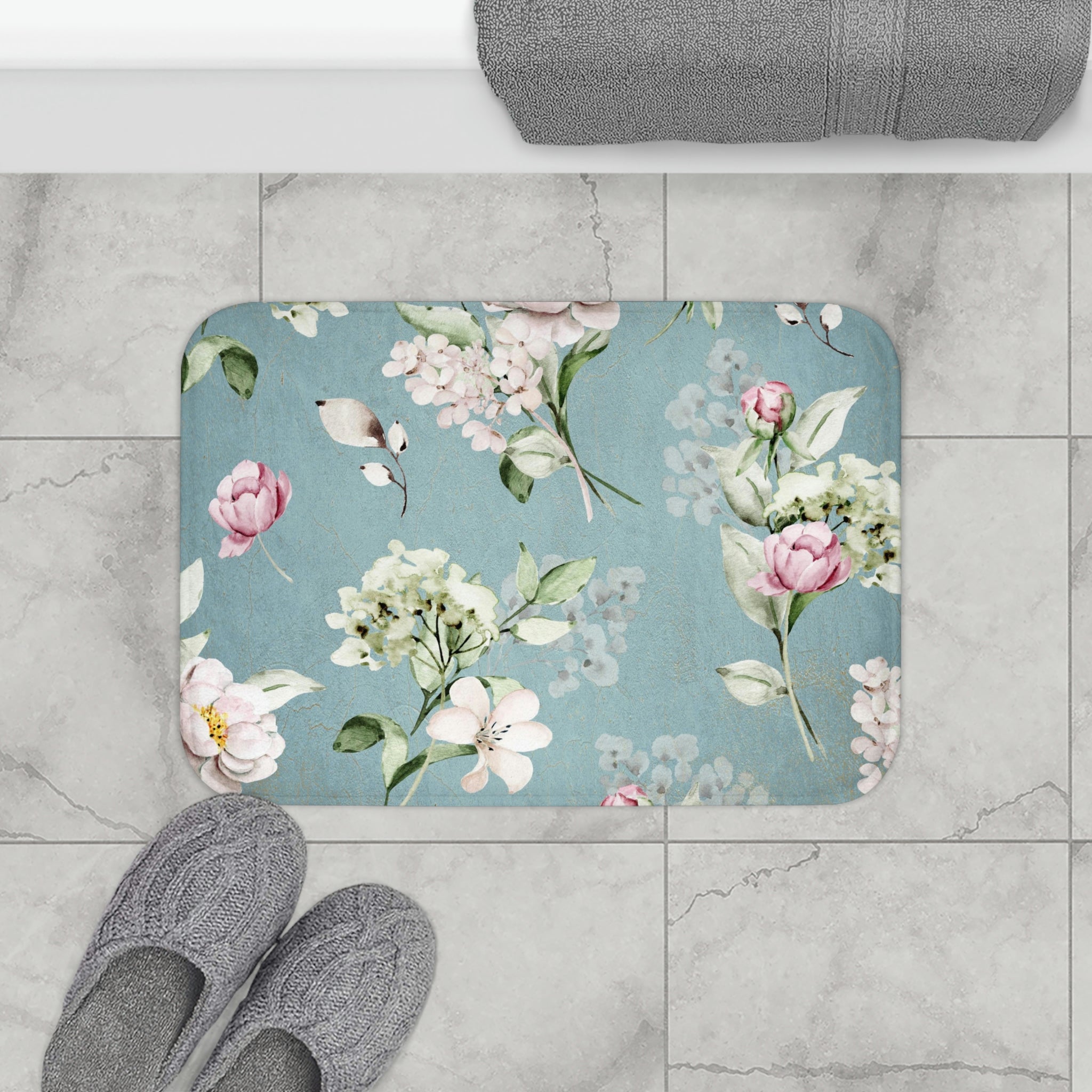 Boho Bath, Kitchen Mat | Blue Pink Peonies