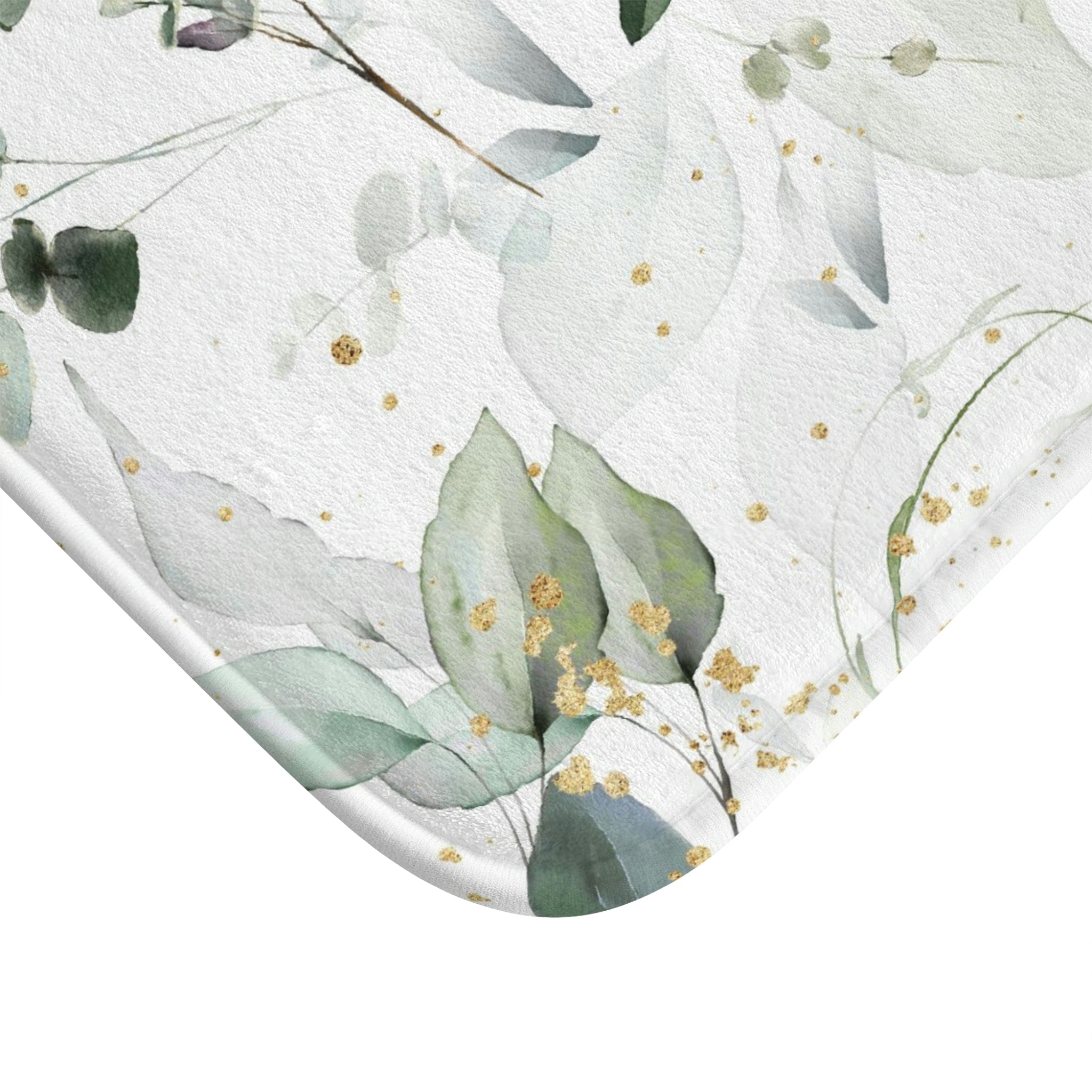 Boho Bath Kitchen Mat Floral Eucalyptus Sage Green White close-up of texture