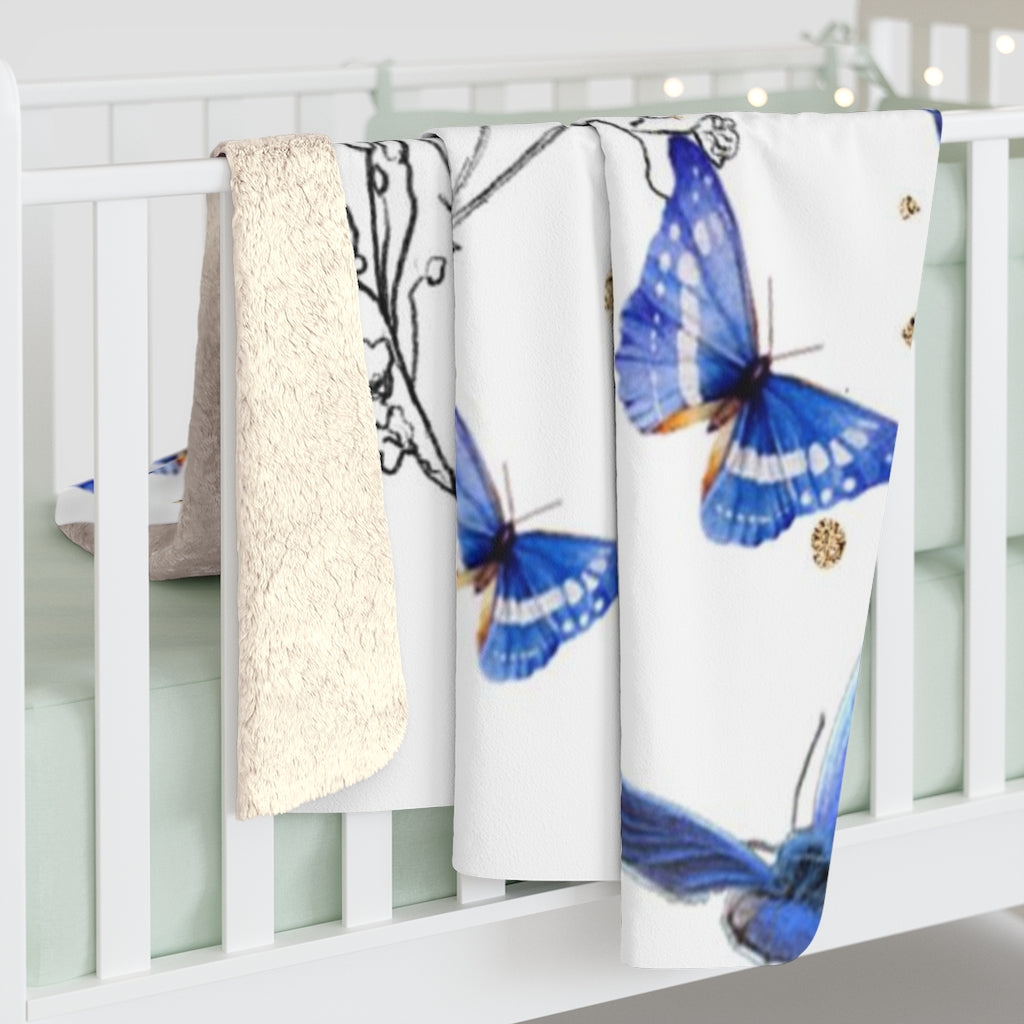Floral Comfy Blanket | White Blue Butterflies