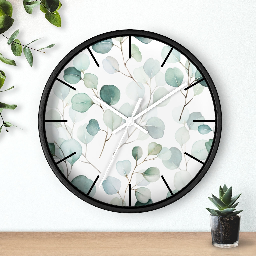 Wood, Floral Wall Clock, Eucalyptus 10"
