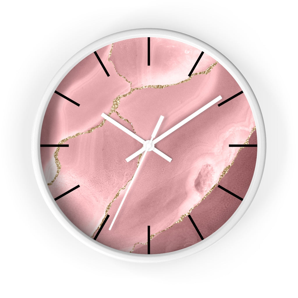 Marble Print, Wood, Wall Clock, Pink Gold 10"