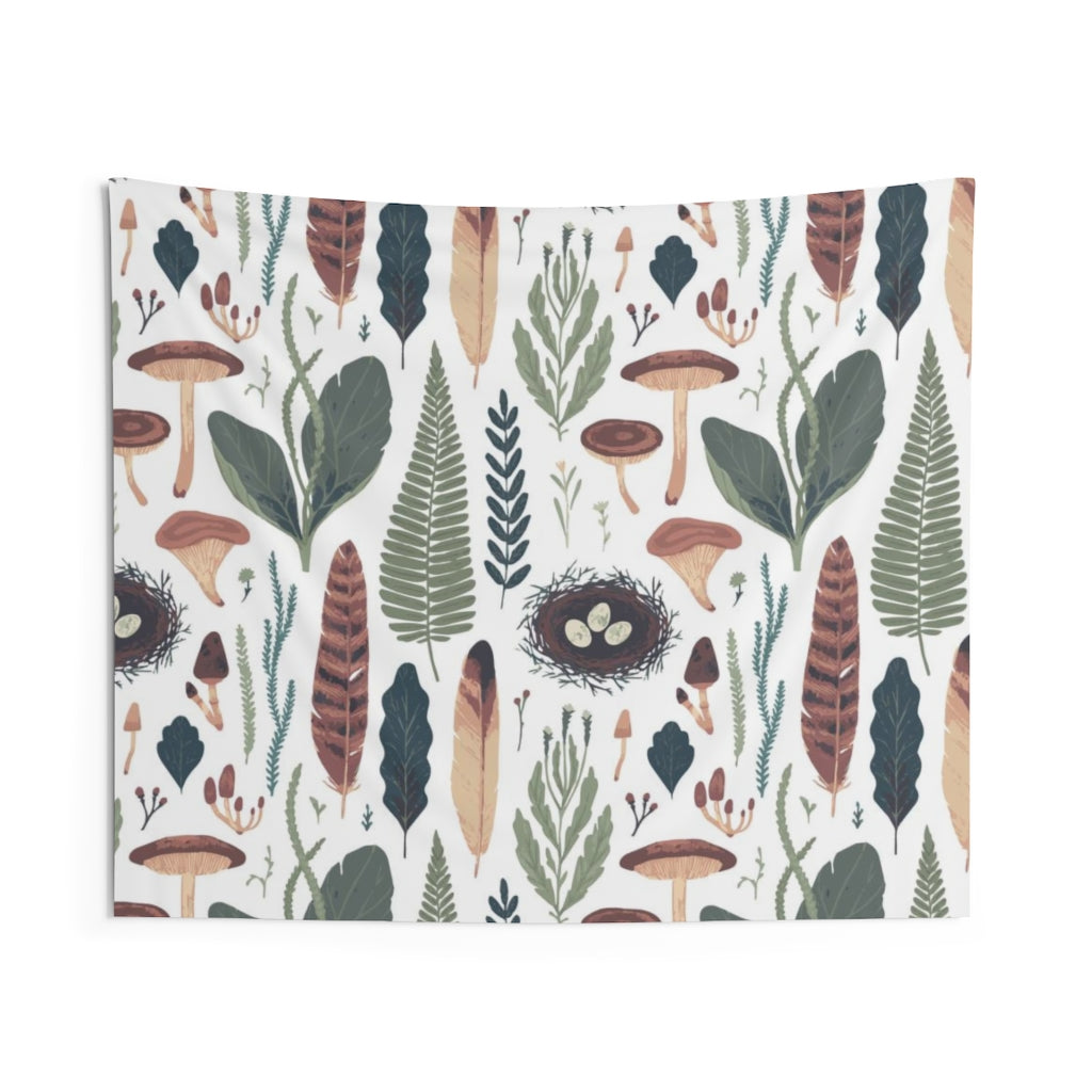 Floral Tapestry | White Green Brown Mushrooms