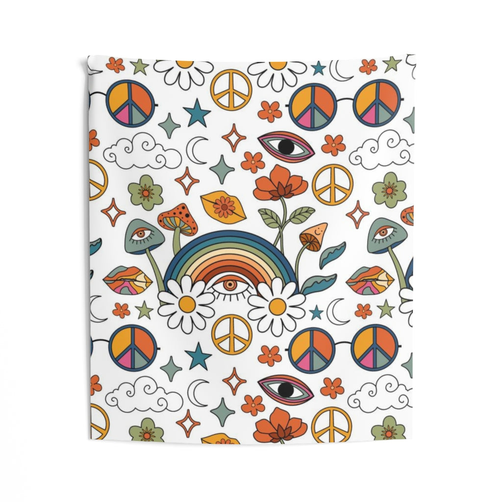 Retro Tapestry | Rainbow White Hippie Icons