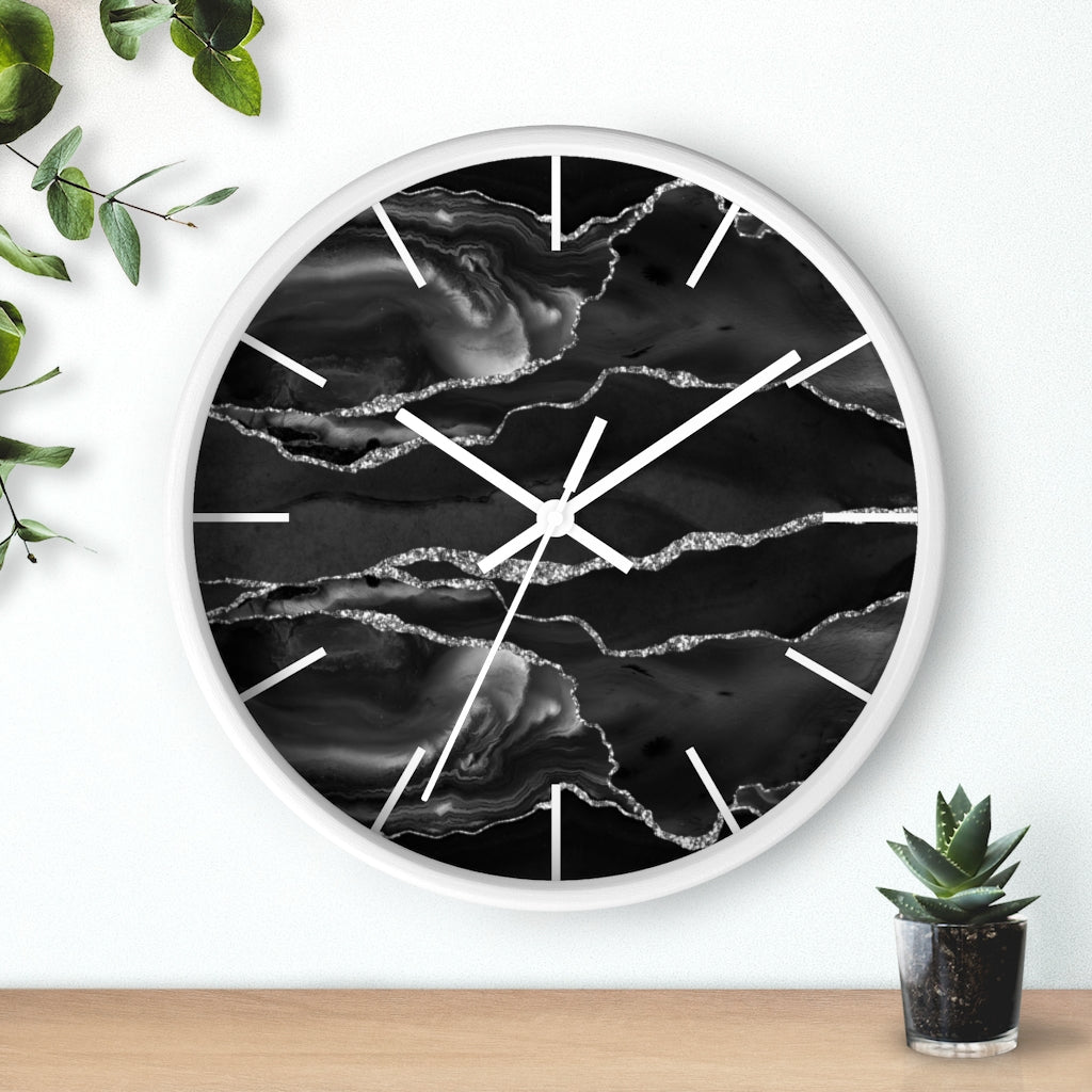 Marble Print, Wood, Wall Clock, Black Silver 10"