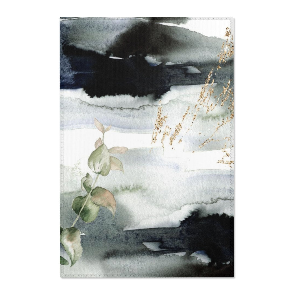 Boho Area Rug | Navy Gray Ombre Green Leaves